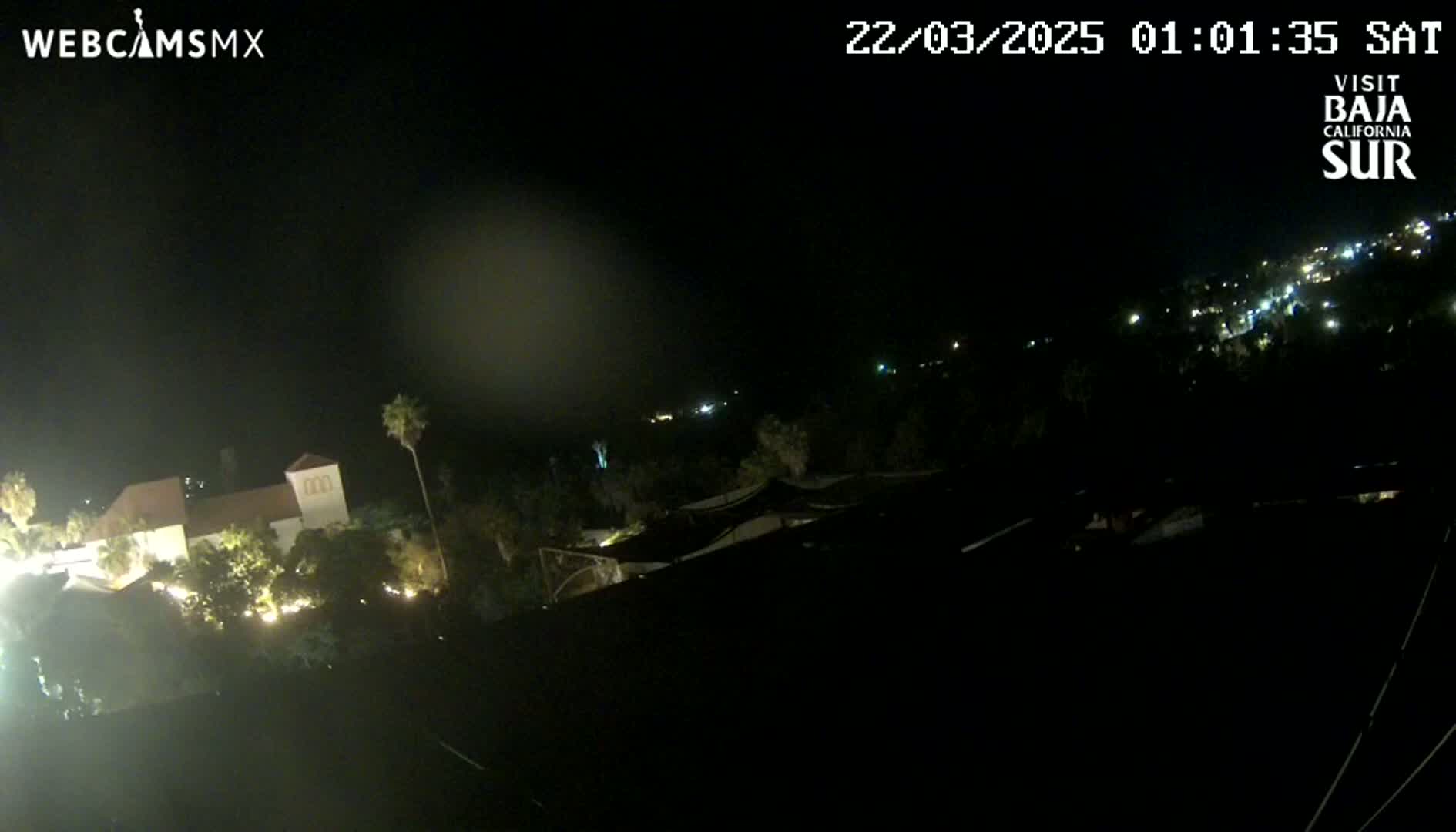 A nighttime, slightly hazy view of a building complex and surrounding vegetation, with some distant lights visible.