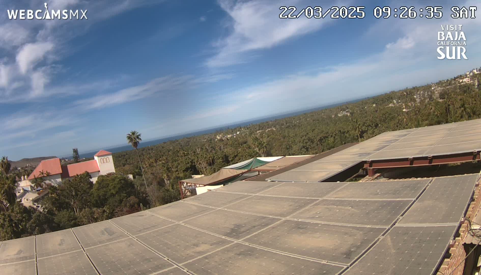 A mostly sunny day overlooks a coastal landscape of buildings, trees, and ocean from a rooftop covered in solar panels.