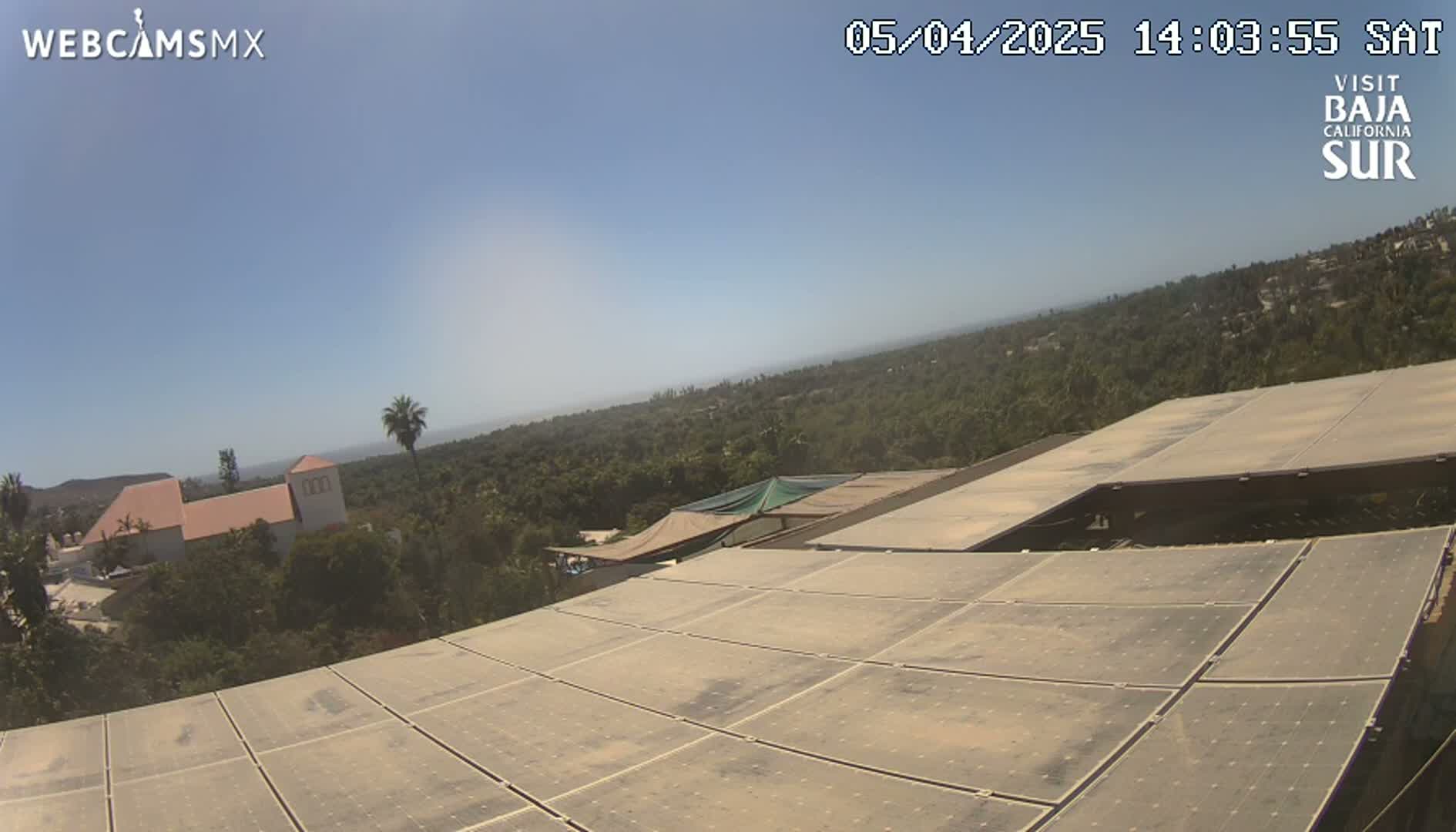 A dusty solar panel array overlooks a sun-drenched landscape of trees and buildings under a clear blue sky.