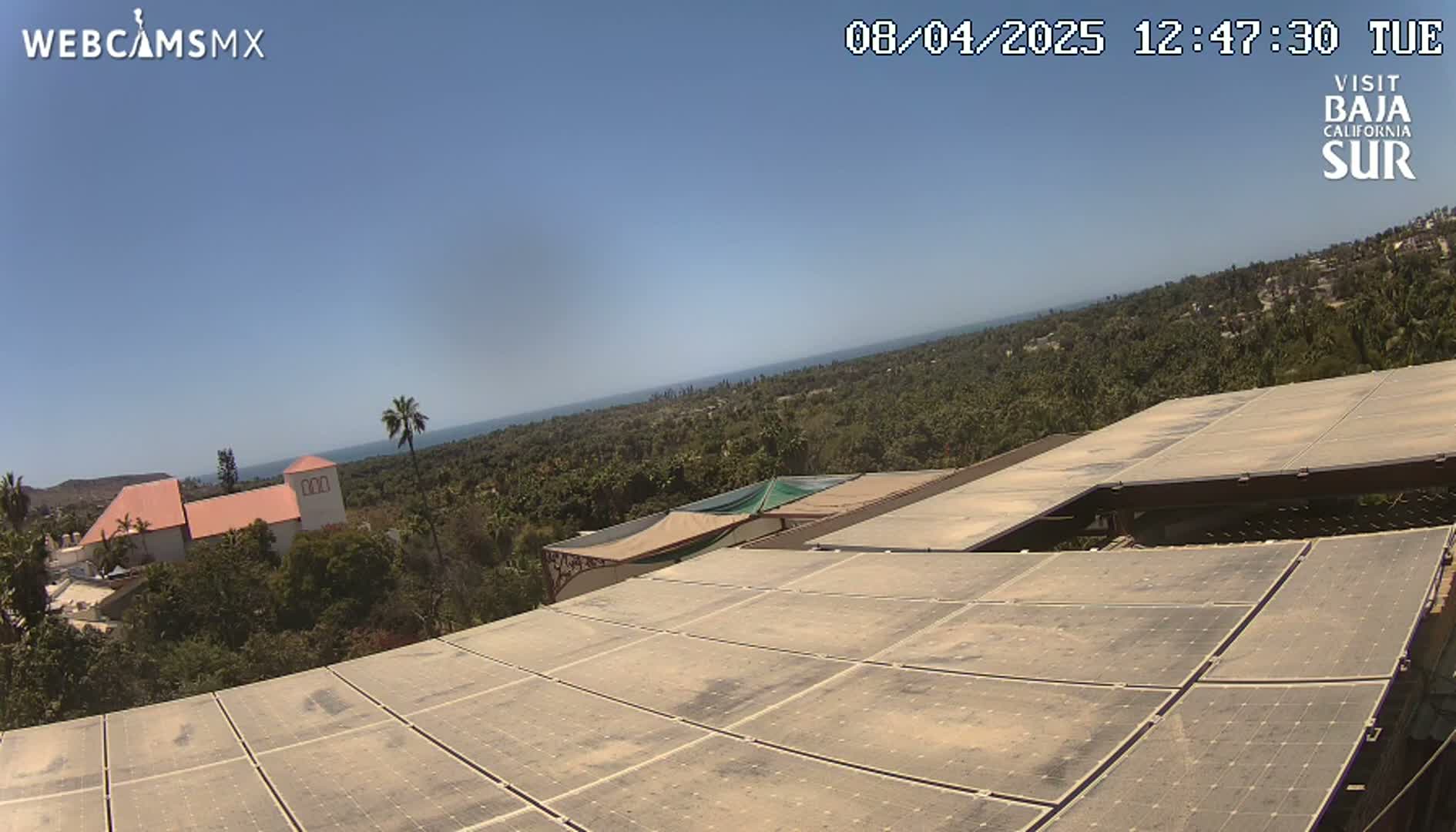 A large array of dusty solar panels sits atop a building overlooking a sunny, oceanside landscape dotted with green vegetation and a few structures.