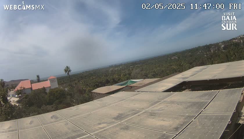A partly cloudy day overlooking a dusty solar panel array and a building nestled among trees, with a distant ocean visible.