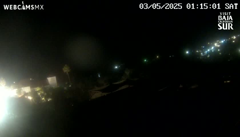 A nighttime, hazy view of dimly lit buildings and a few scattered lights in the distance.