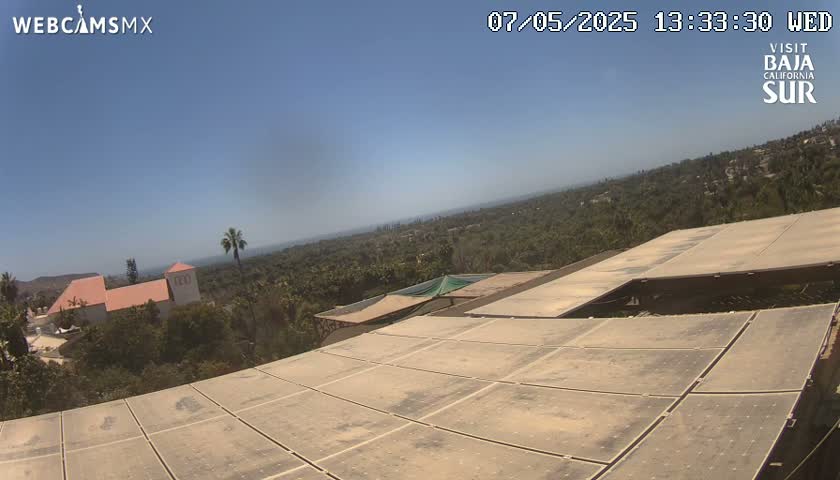 A dusty, tiled rooftop overlooks a sunny landscape of green trees, distant buildings, and a clear blue sky.