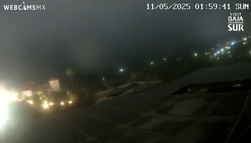 A nighttime view of a town shrouded in fog, featuring buildings with lights, and a dark expanse of solar panels in the foreground.