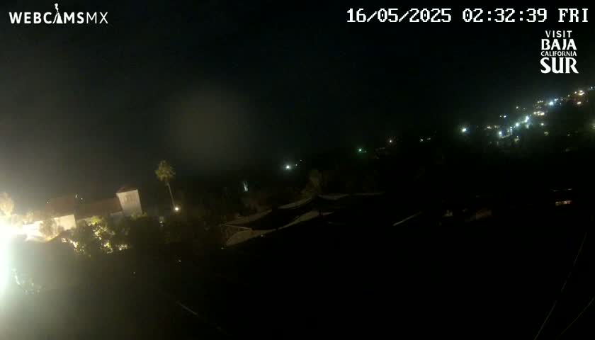 A nighttime view of a dimly lit town or village with some structures visible under a dark, possibly hazy sky.