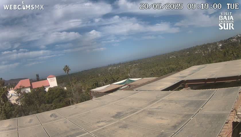 A partly cloudy sky overlooks a flat, tiled rooftop and a sprawling landscape of palm trees and buildings under a mostly clear sky.