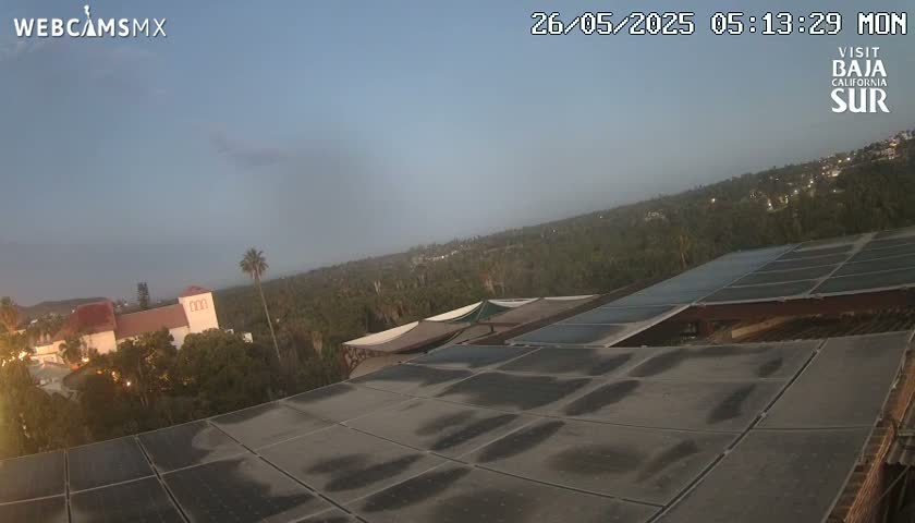 A twilight view from a rooftop covered in solar panels overlooks a town nestled among trees and a building.
