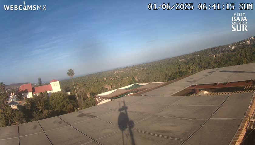 A flat roof with a shadow cast upon it overlooks a sunny, expansive landscape of palm trees and buildings.