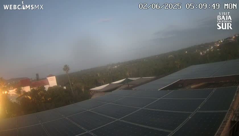 A hazy dusk scene overlooks a sprawling landscape of trees and buildings, featuring a large solar panel array in the foreground.