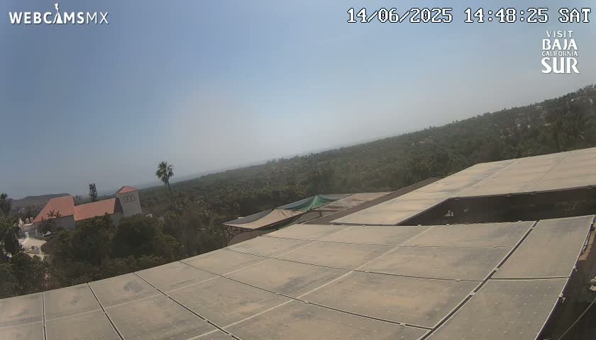 A mostly sunny day overlooks a tiled roof and a landscape of palm trees, buildings, and ocean in the distance.