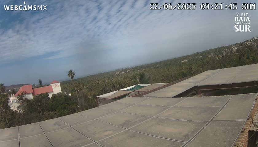 A mostly sunny, lightly cloudy day is shown overlooking a tiled rooftop and a palm tree-filled landscape, including a red-roofed building in the distance.