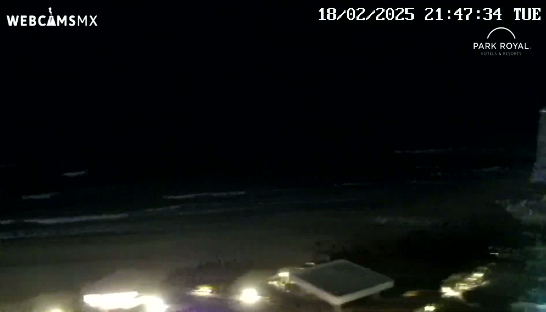 A nighttime beach scene shows gently lapping waves under a dark sky.