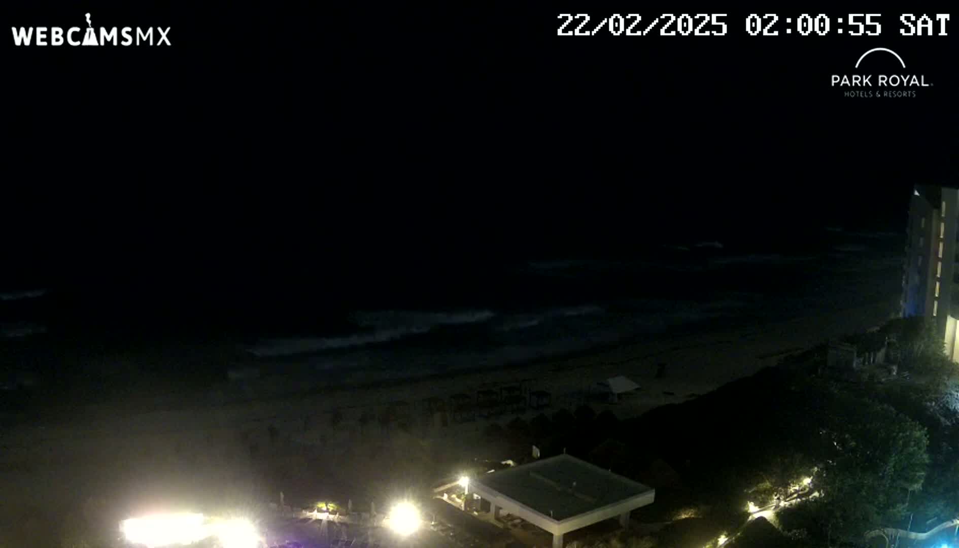 A nighttime beach scene shows dark ocean waves lapping a shoreline, with lights visible from buildings and landscaping along the coast.