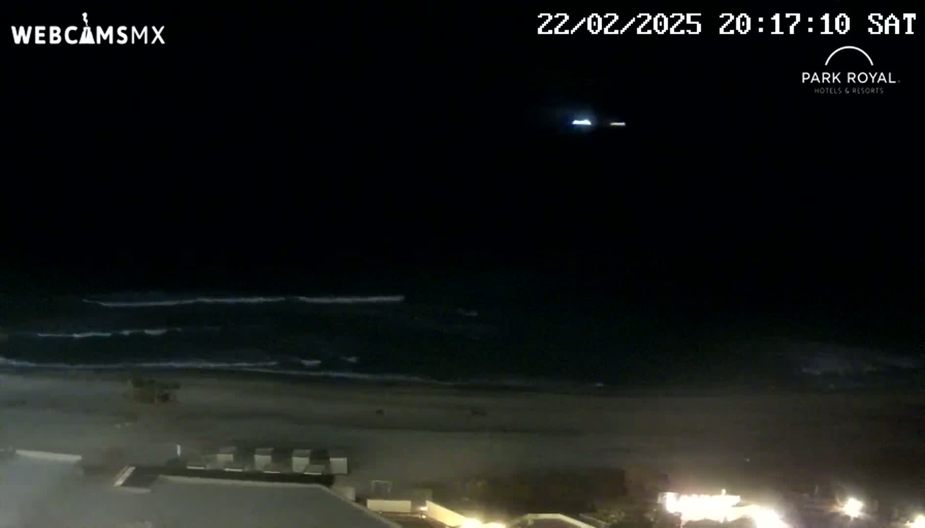 A nighttime view of a dark ocean with small waves lapping a sandy beach, dimly lit by artificial lights from buildings nearby.
