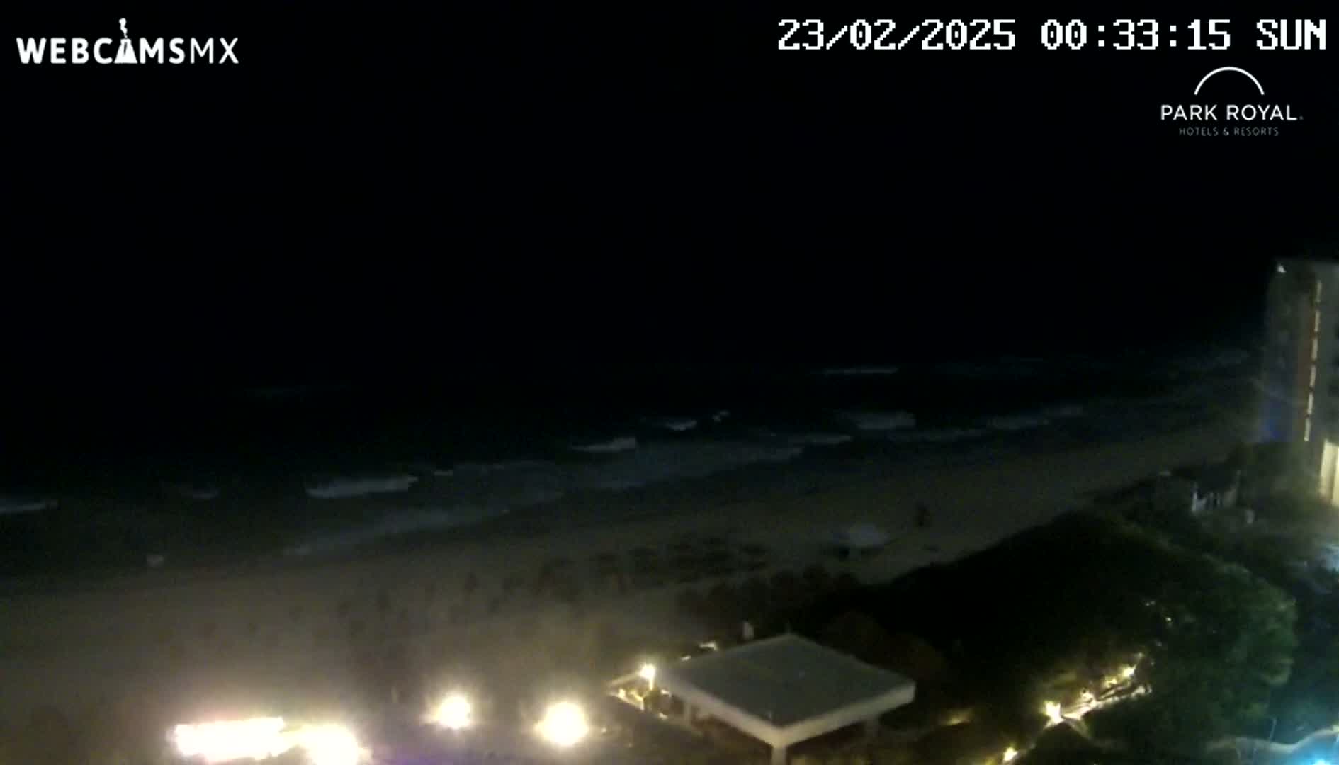 A nighttime beach scene shows gently lapping waves on a dark sandy shore, with lights visible from buildings and possibly a bonfire in the distance.