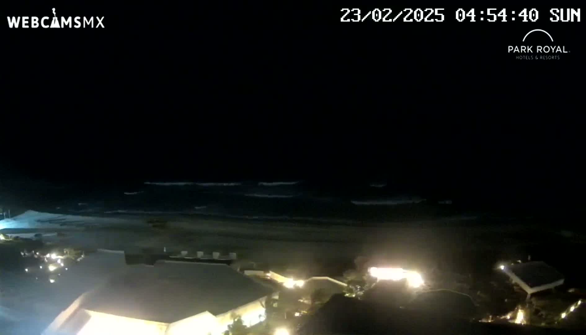 A nighttime view of a dark ocean with small waves lapping a beach in front of illuminated buildings.