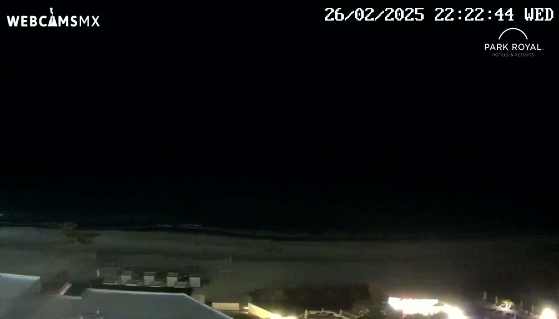 A nighttime view shows a dark ocean, a beach, and illuminated buildings along the shore under a clear, dark sky.