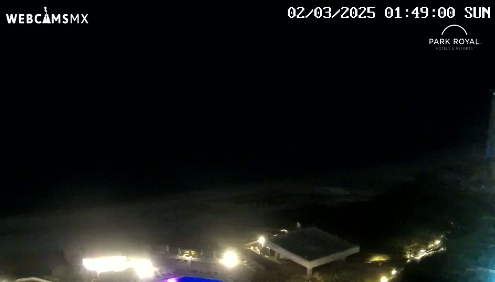 A nighttime view of a dark ocean, a beach, and illuminated buildings, under a clear sky.