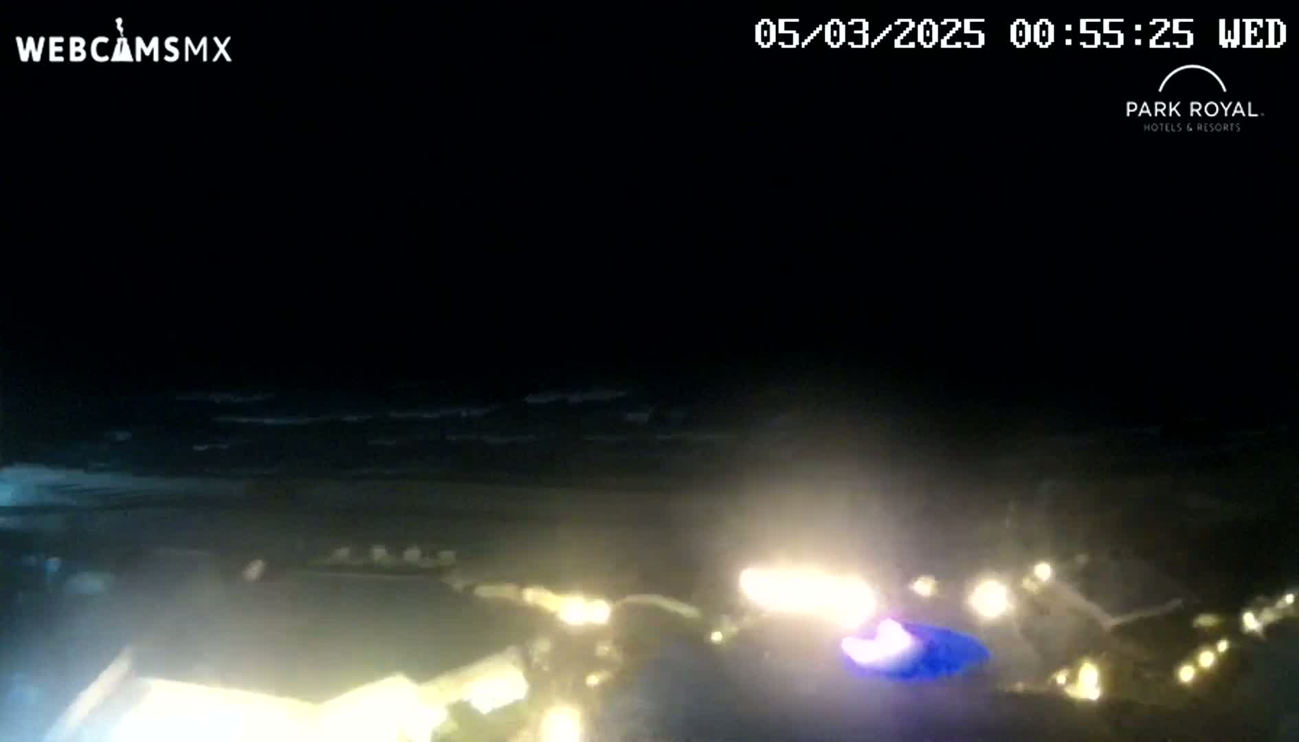 A nighttime view of a dark ocean with waves, a dimly lit beach, and illuminated buildings or structures in the foreground.