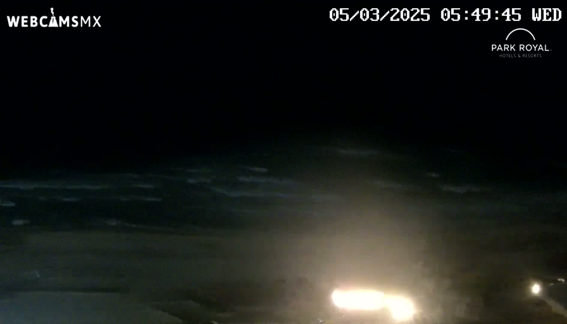 A nighttime view of a dark ocean with small waves under a clear sky, showing bright headlights from vehicles in the foreground.