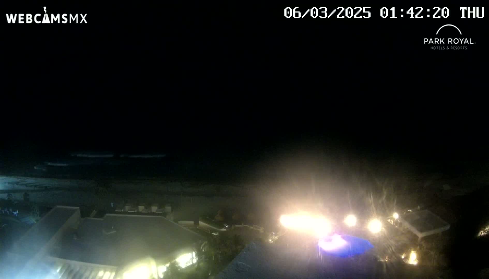 A nighttime view of a dark ocean with small waves, a beach, and buildings with lights illuminating the scene.