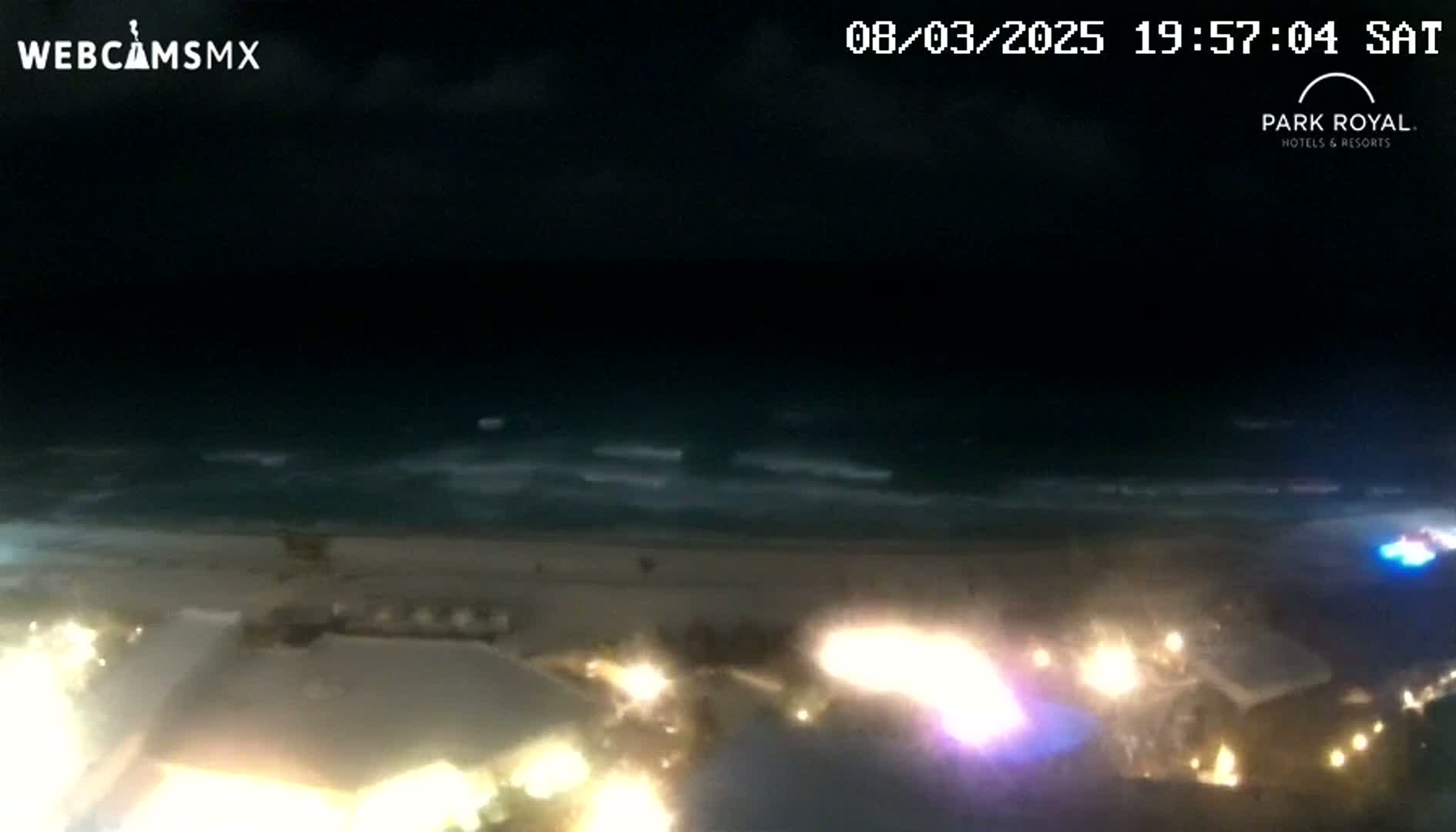 A nighttime view shows a dark ocean with small waves lapping a sandy beach, and brightly lit buildings and roads in the foreground.