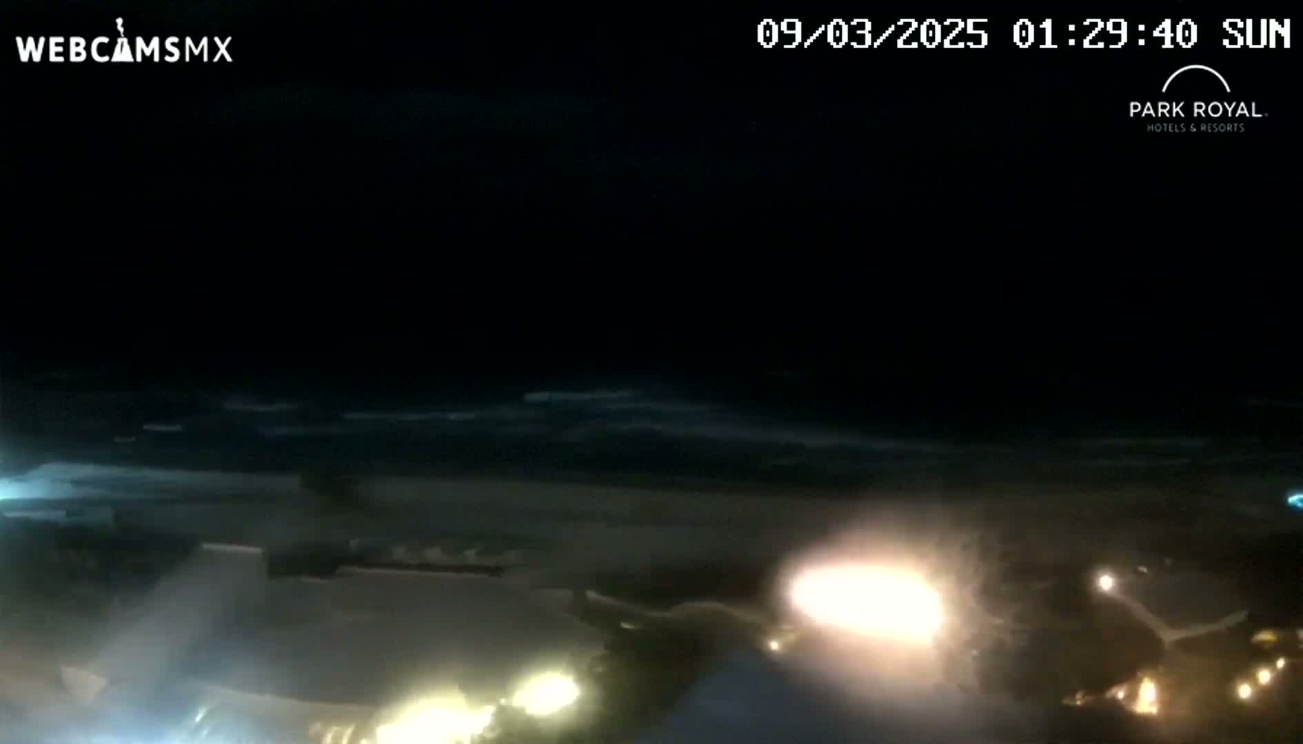 A nighttime view of a dark ocean with waves, a beach, and some lights on the shore under a clear sky.