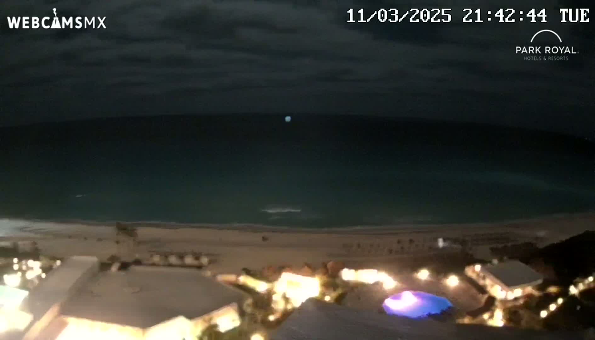A nighttime view shows a dark ocean, a sandy beach, and illuminated buildings along the shore under a cloudy sky.