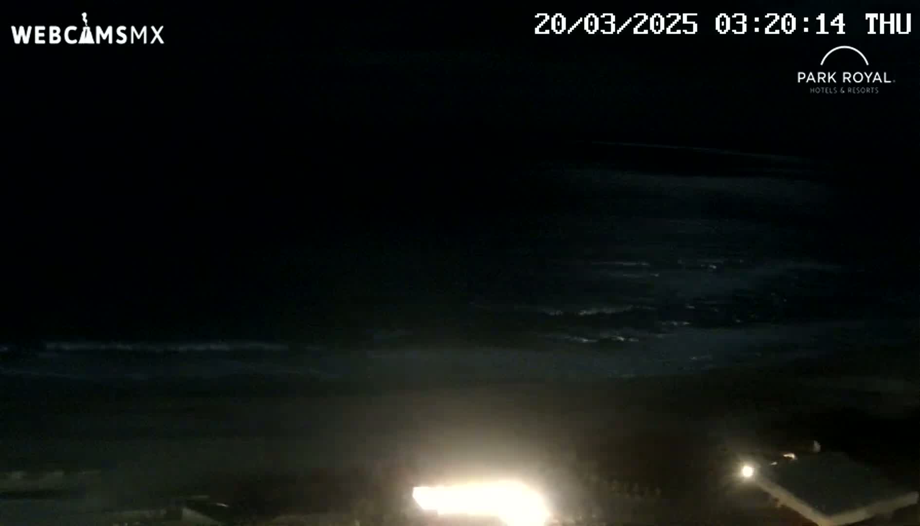 A nighttime view shows dark ocean waves lapping a beach with a bright light source near the bottom.