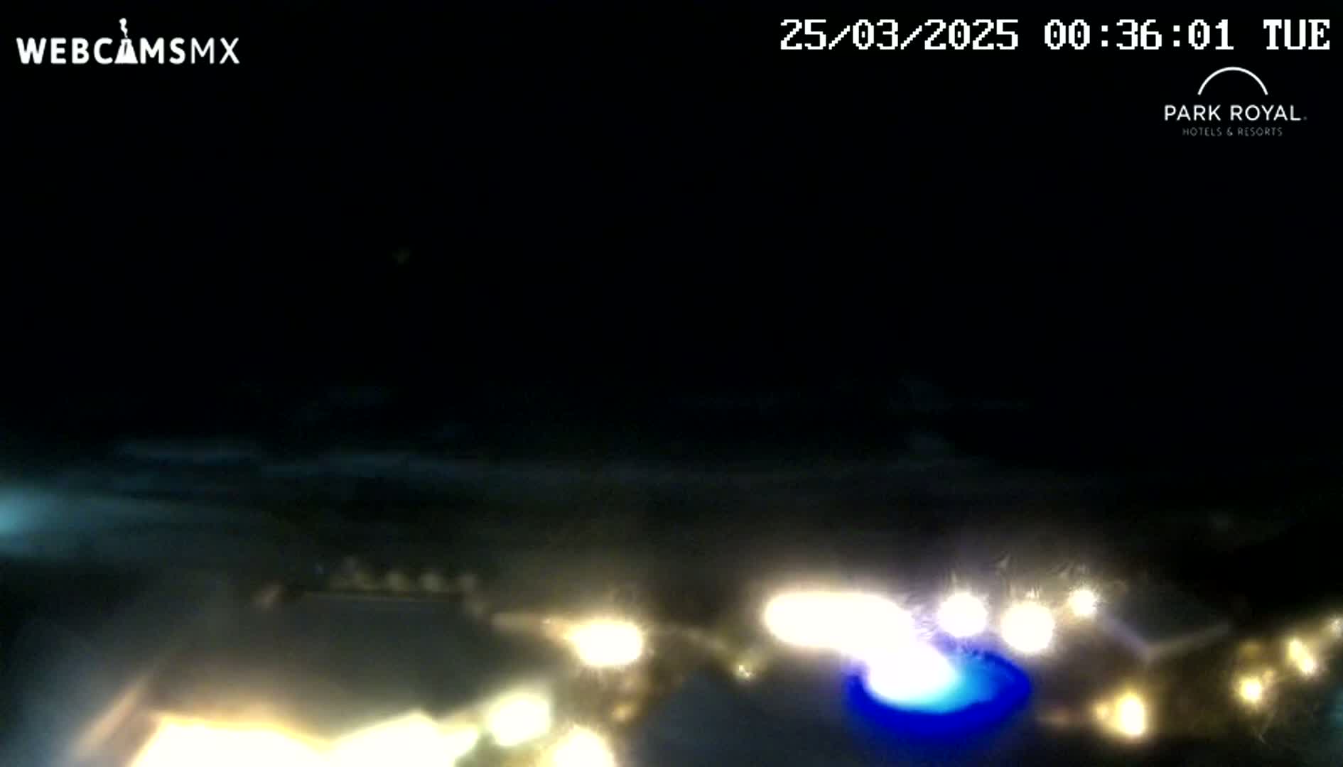A nighttime, blurry view of blurry lights near a body of water under a dark sky.