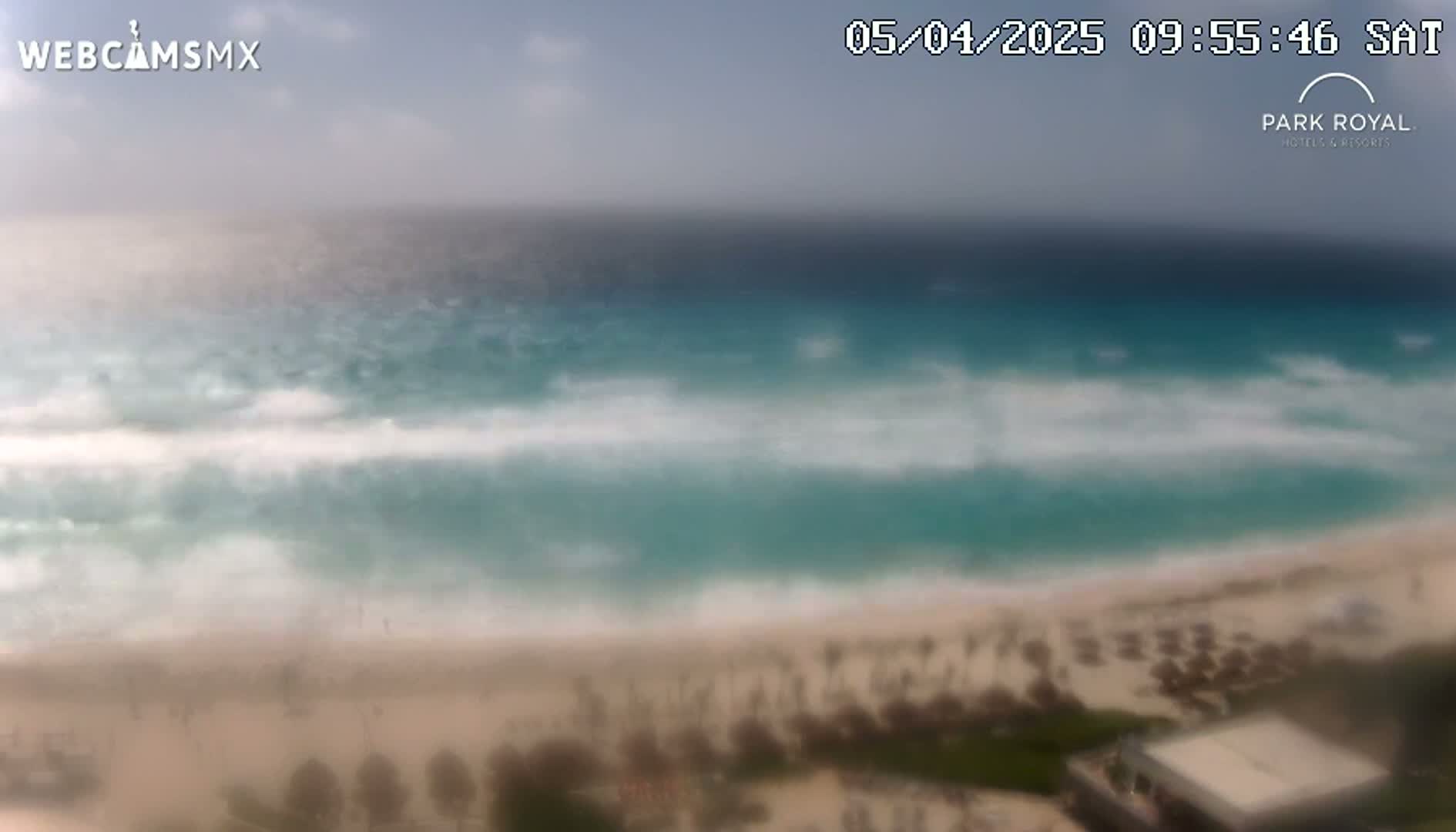 A slightly hazy, sunny day shows a view of teal ocean waves breaking on a sandy beach with beach umbrellas and vegetation visible in the foreground.