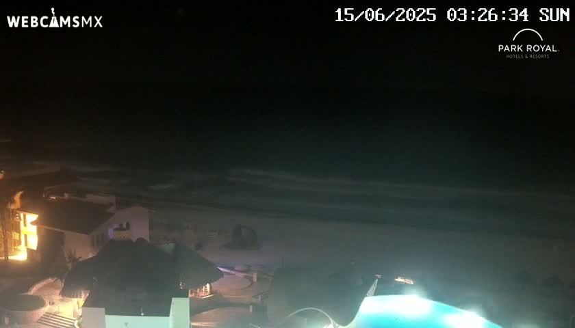 A nighttime view of a beach with a resort, showing a dark ocean with small waves, a sandy shore, and lit buildings.