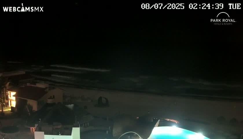 A nighttime, beachfront view shows gently rolling waves on a dark ocean under a clear sky, with illuminated buildings and structures visible in the foreground.