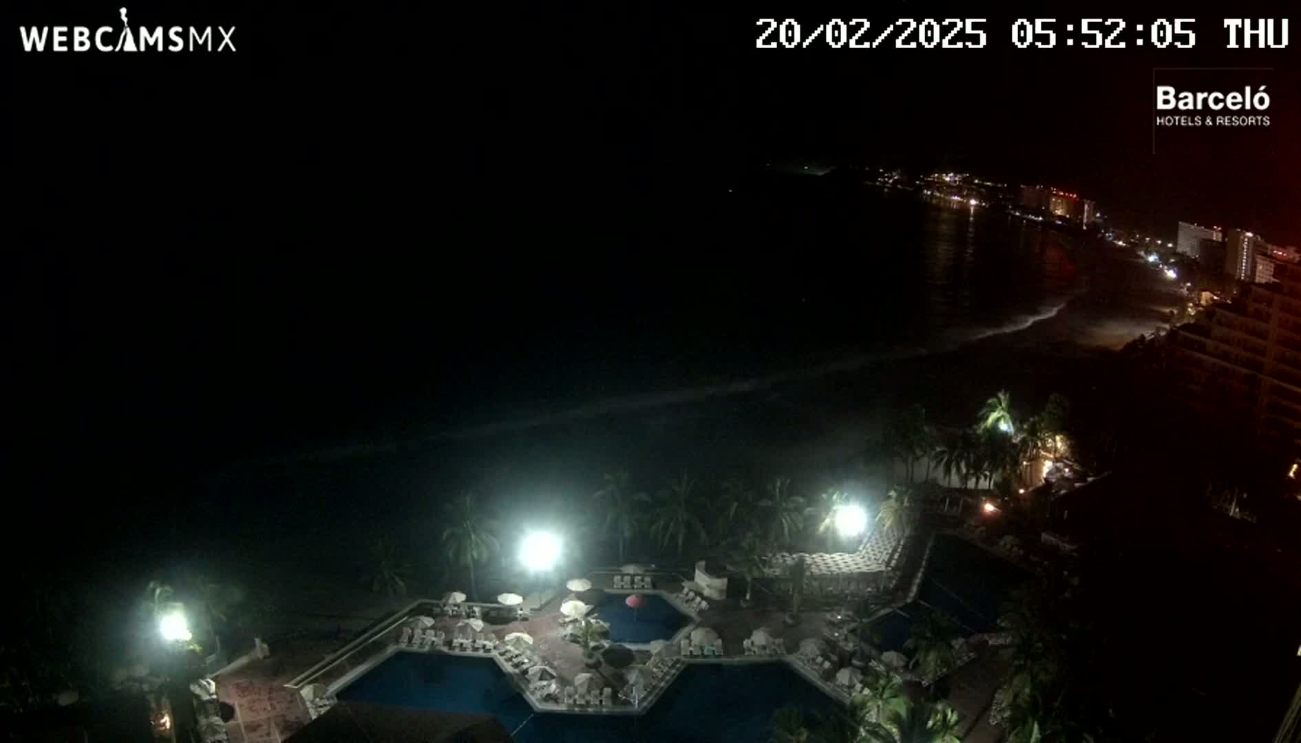 A nighttime view of a resort pool area next to a dark ocean with a city skyline visible in the distance under a clear sky.