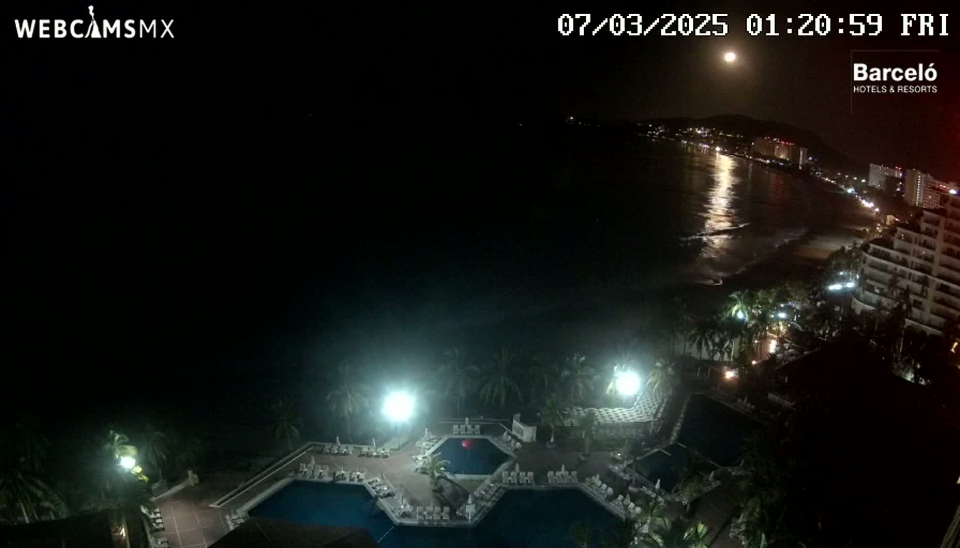 A nighttime view of a resort pool area with palm trees and a bright moon over a calm ocean and city lights.
