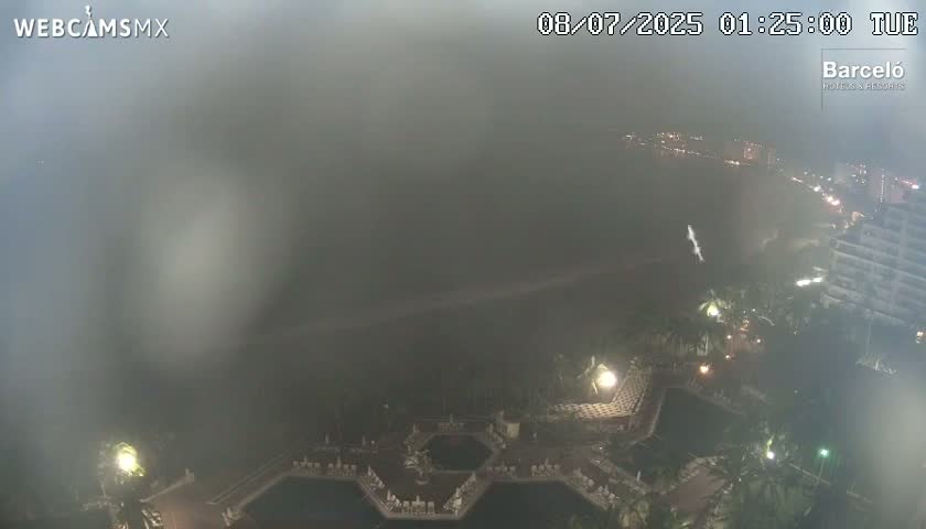 A nighttime view of a hazy coastal resort area with swimming pools and palm trees, shrouded in fog.