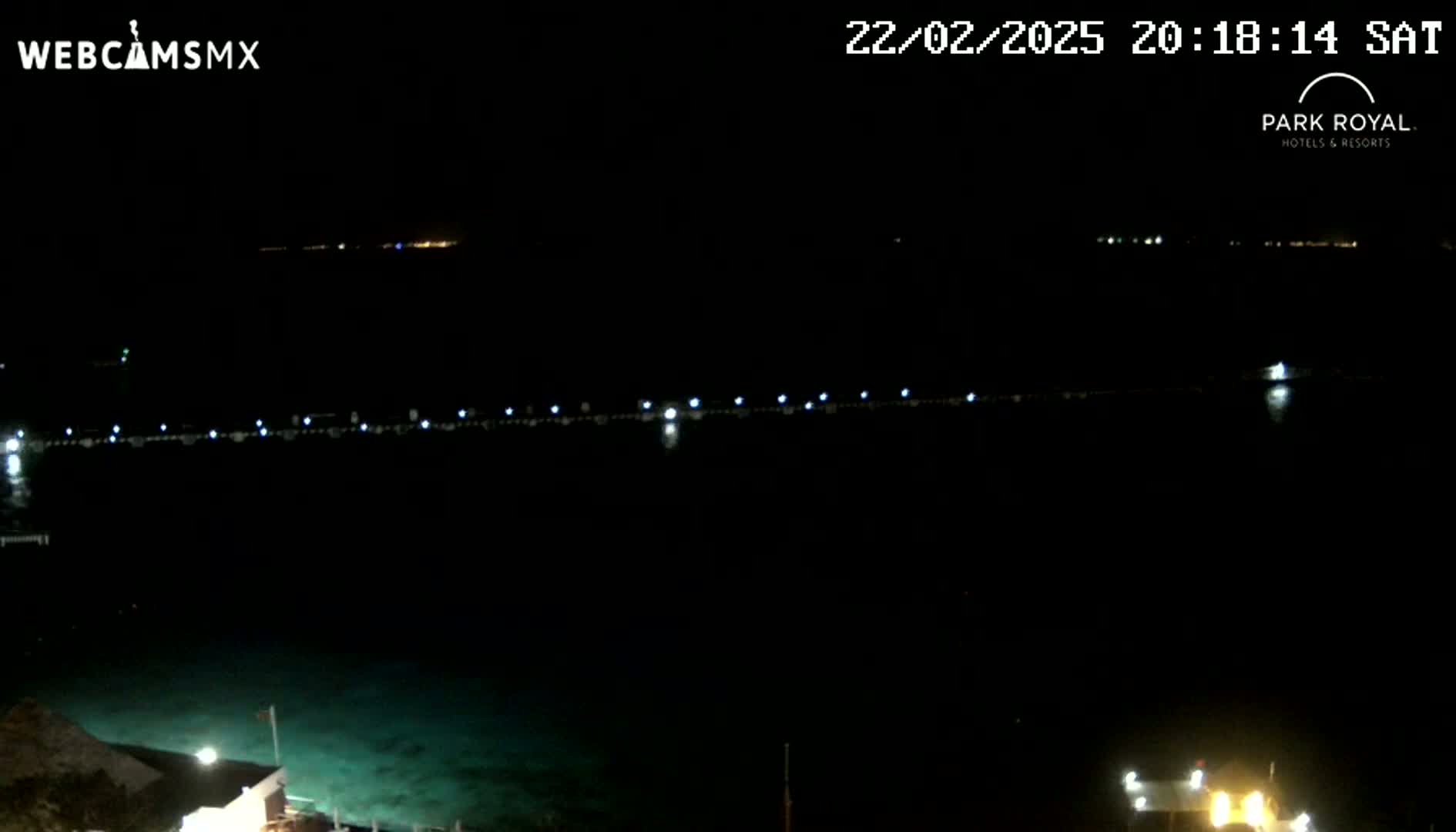 A nighttime view of a long pier with lights extending over dark, calm water.