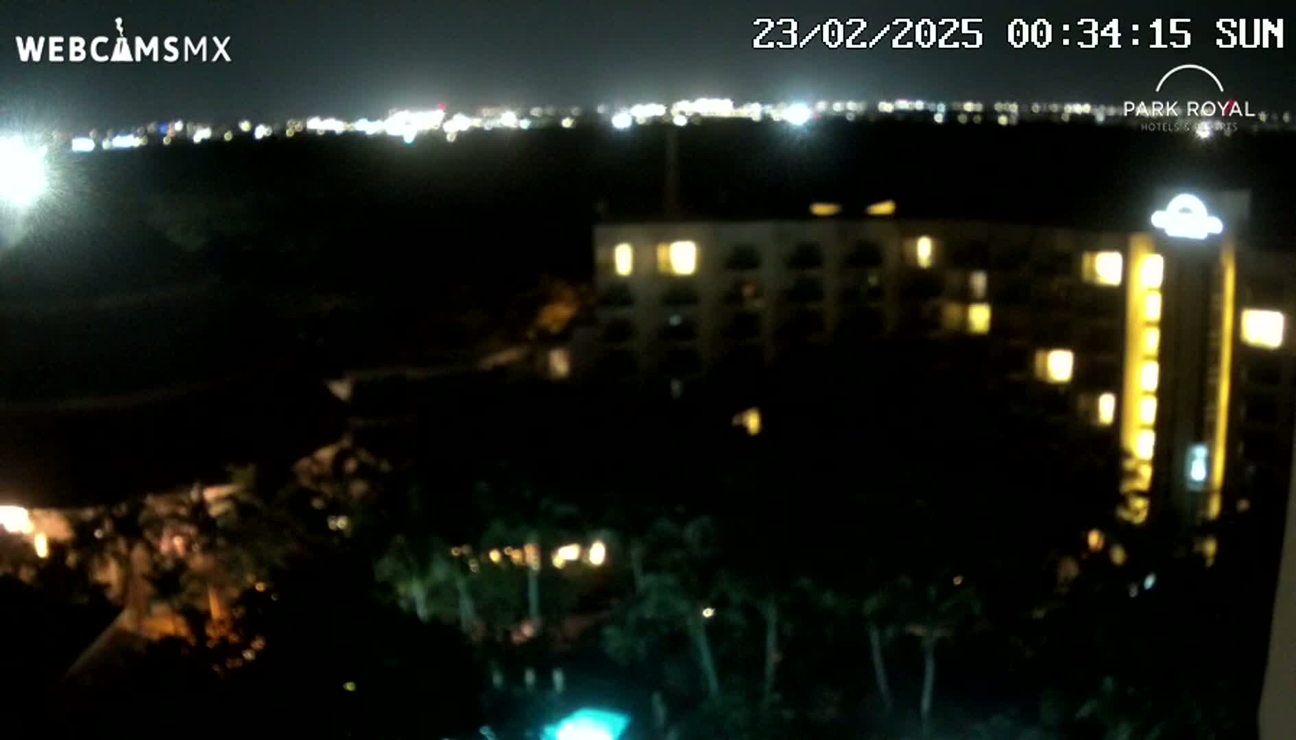 A nighttime view of a multi-story building with illuminated windows, surrounded by dark vegetation, and a distant cityscape visible on the horizon under a clear sky.