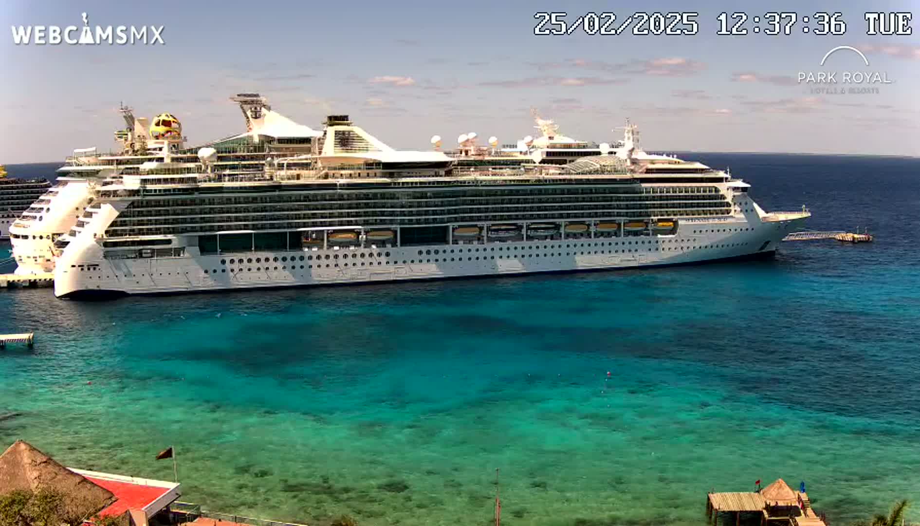 A large cruise ship is docked in clear, turquoise water under a sunny sky.