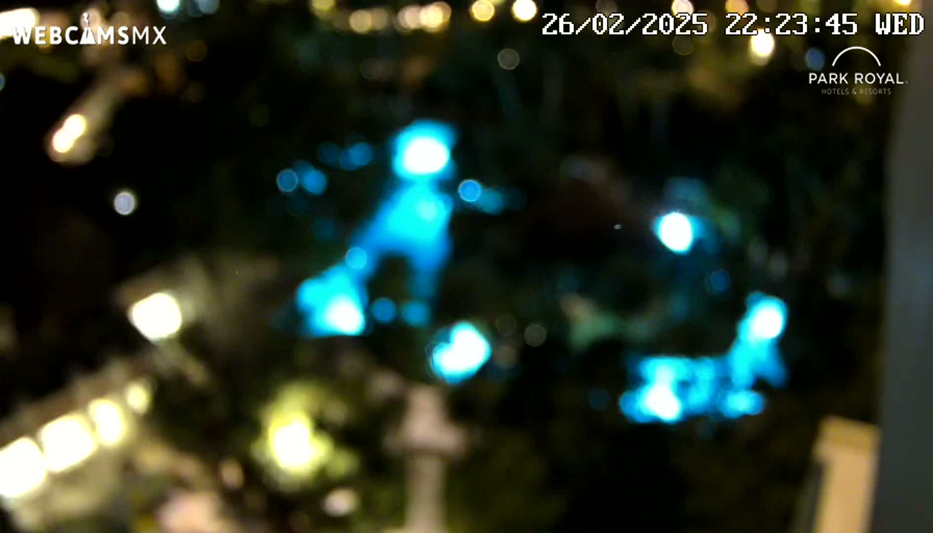 A blurry nighttime image shows out-of-focus lights, some of which are teal, against a dark background.