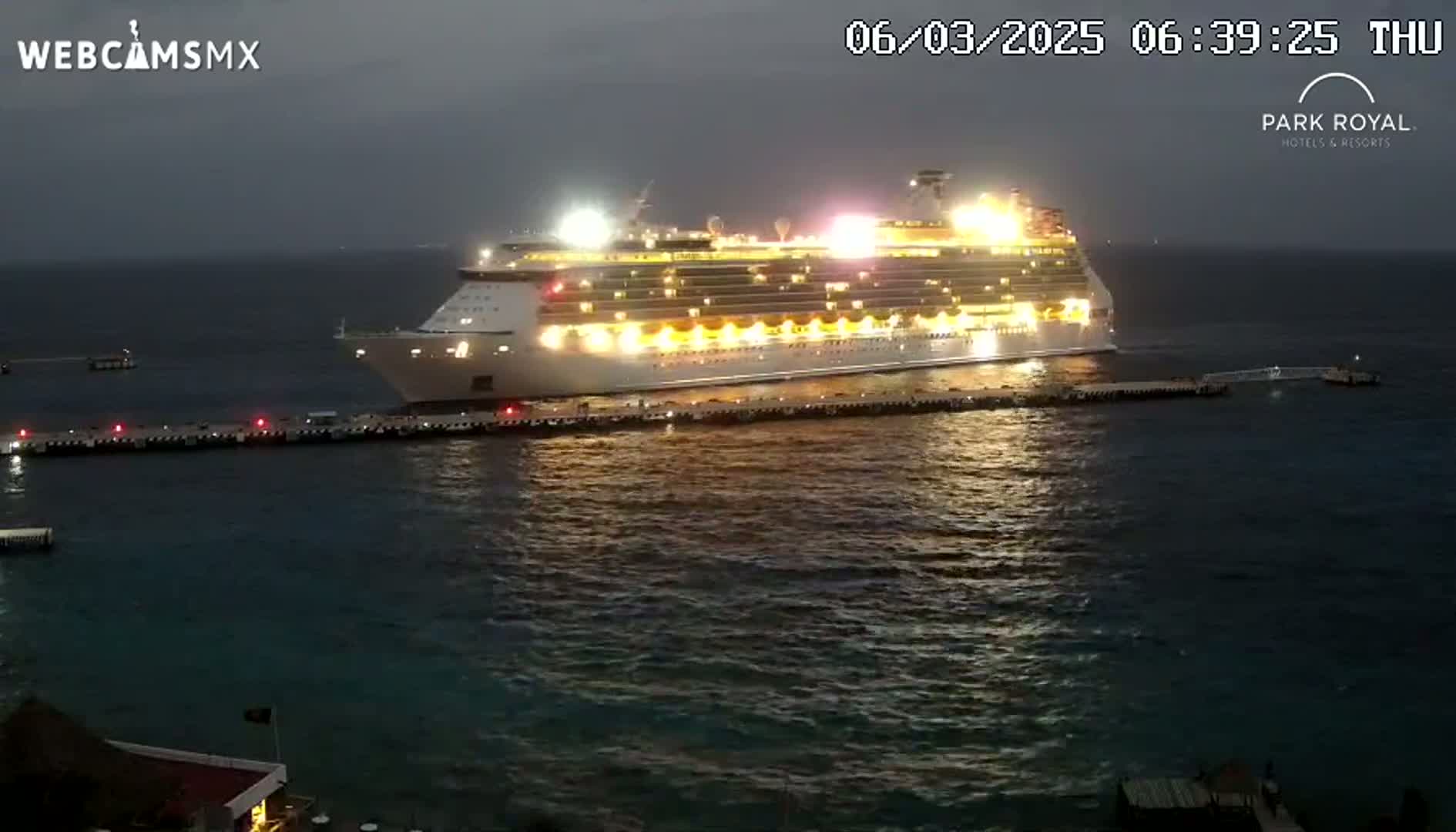A large, brightly lit cruise ship is docked at a pier at night in calm water under a dark sky.