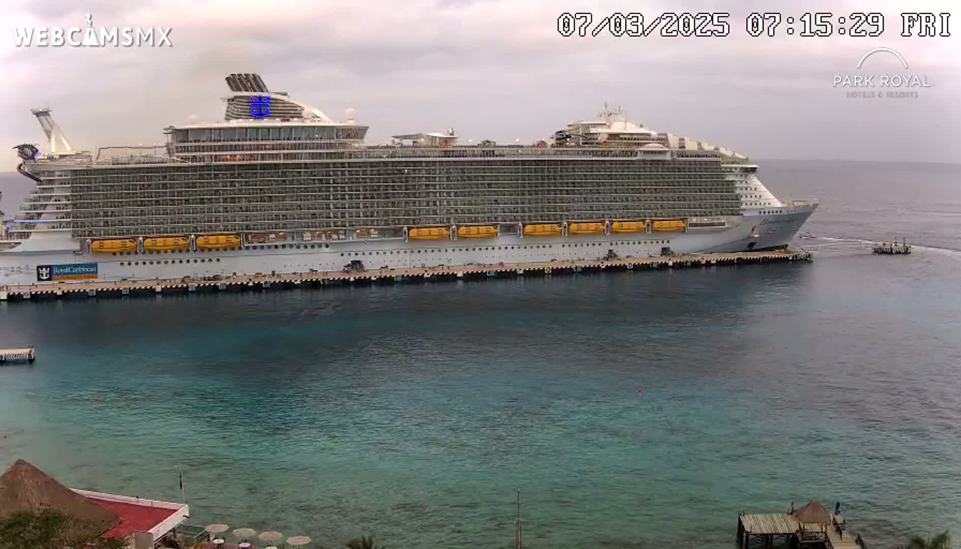 A large cruise ship is docked at a pier in calm, overcast waters.