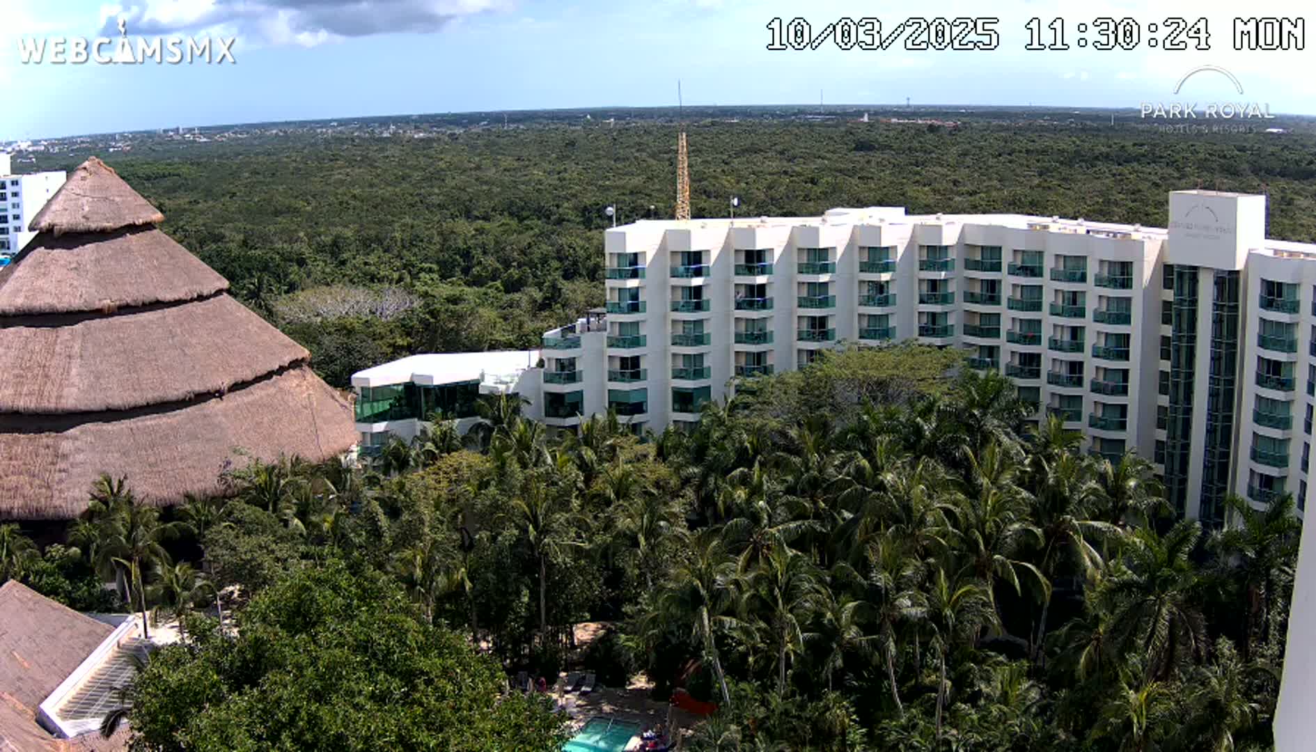 A large, multi-story white hotel is nestled amongst lush green palm trees under a partly cloudy sky.