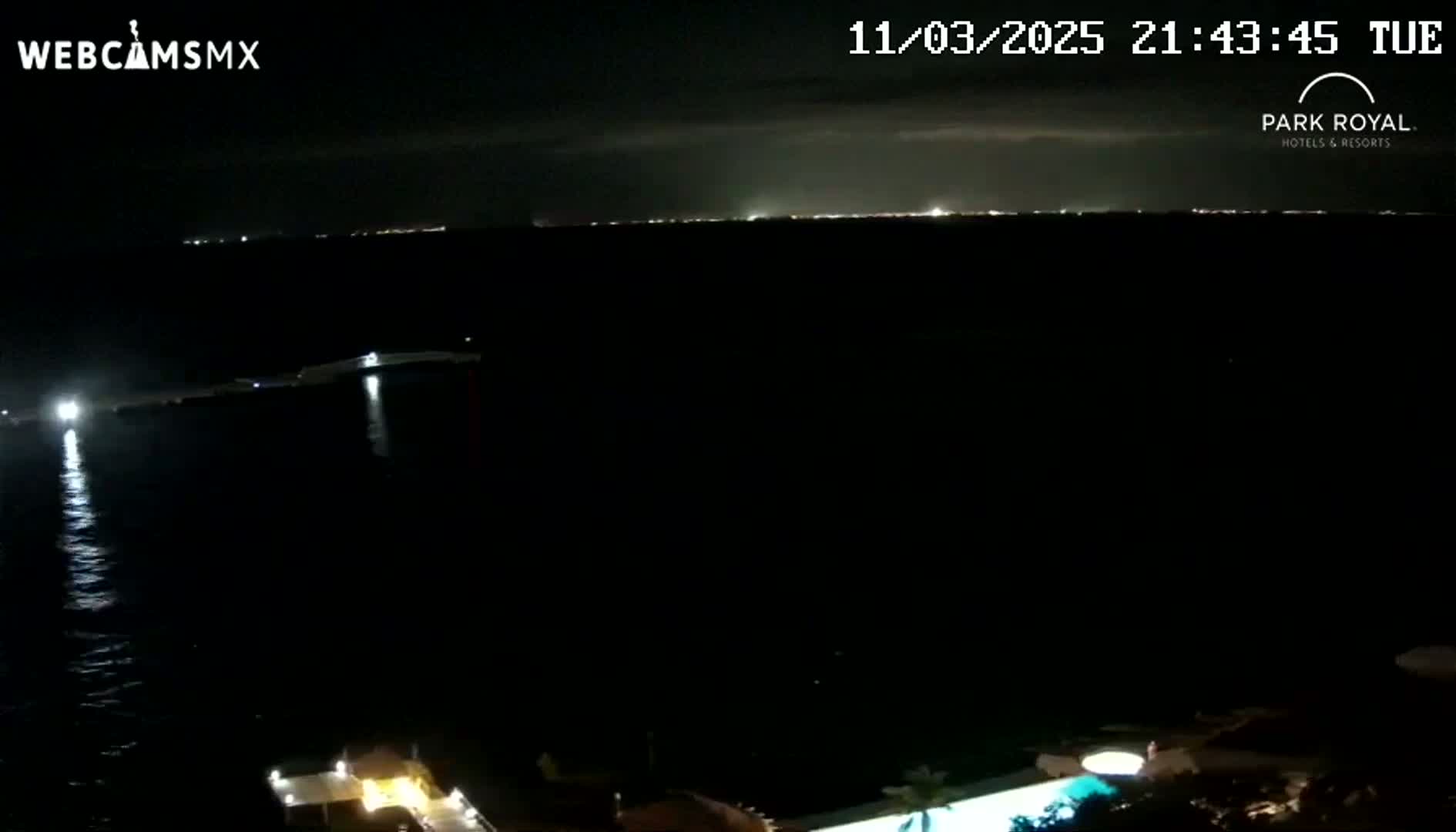 A nighttime view of a dark body of water with a distant city skyline faintly visible under a mostly clear sky.