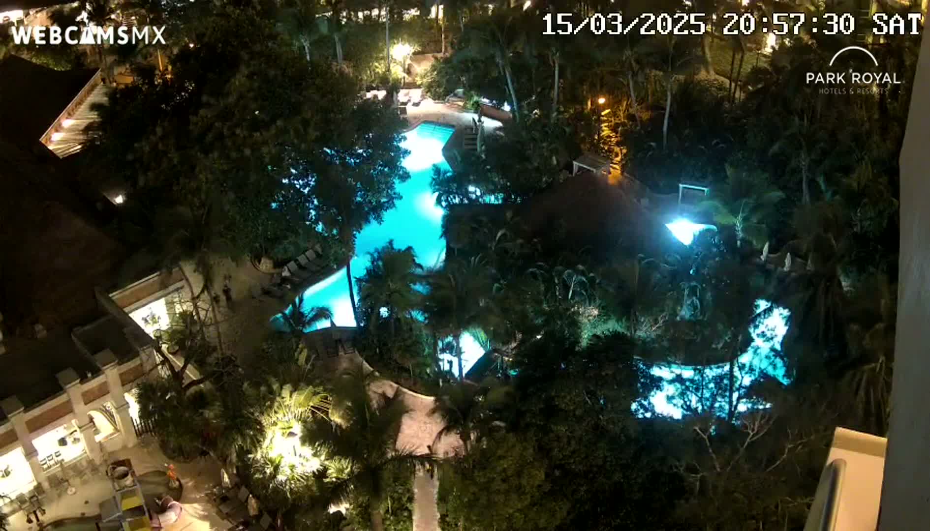 A nighttime aerial view shows a brightly lit swimming pool complex surrounded by lush tropical foliage.