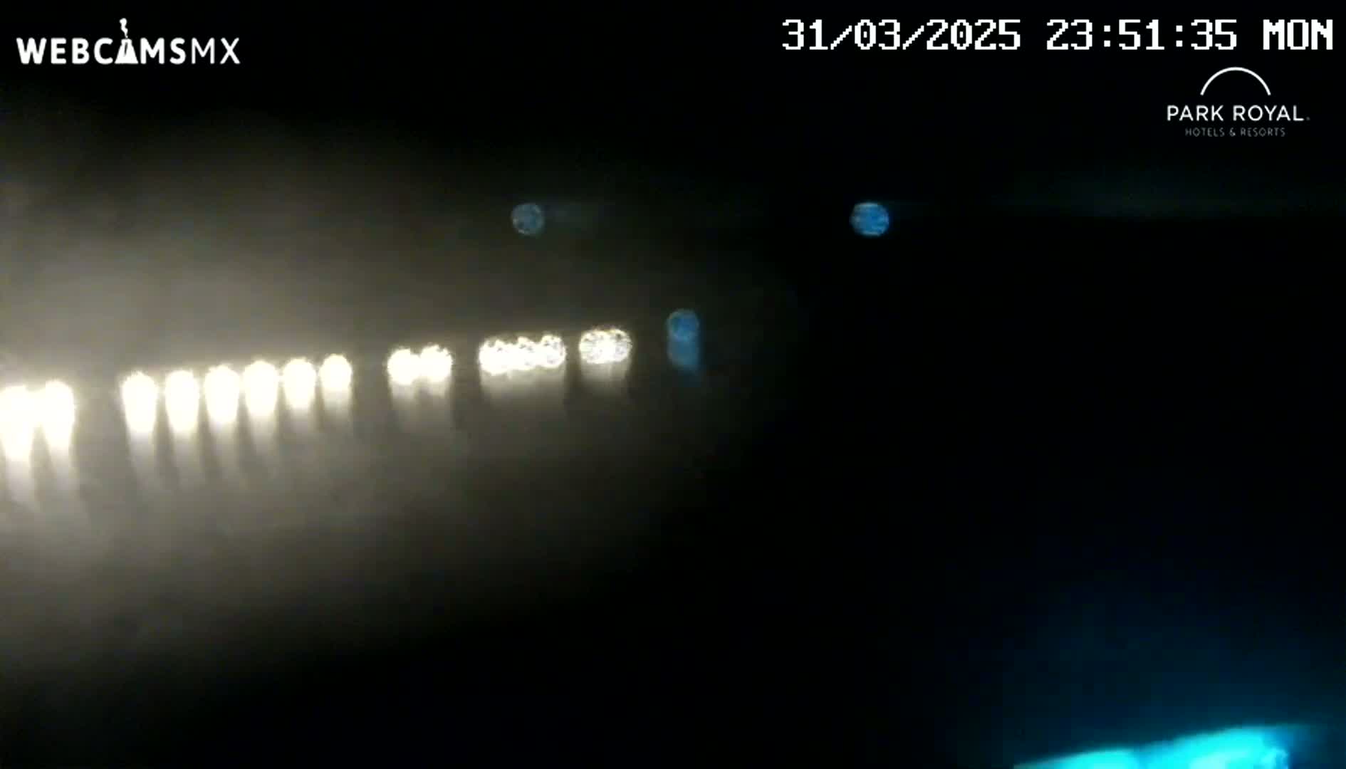 A nighttime, foggy view shows a line of bright headlights in the distance.