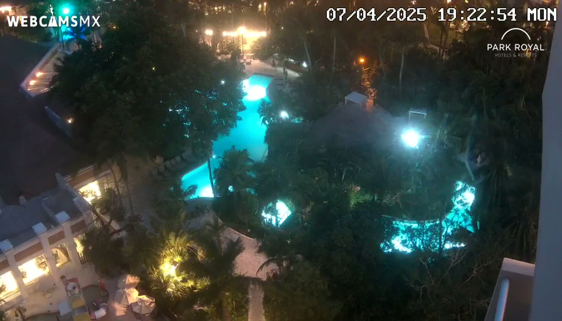 A nighttime, overhead view shows a brightly lit, turquoise swimming pool complex surrounded by lush, tropical foliage.