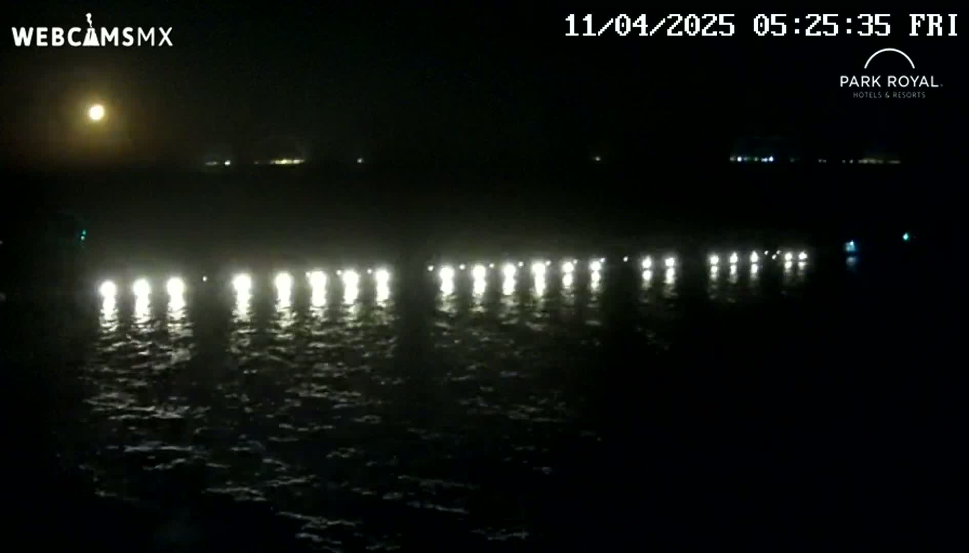 A nighttime view of a body of water with a line of lights reflecting on its slightly choppy surface under a moonlit sky.