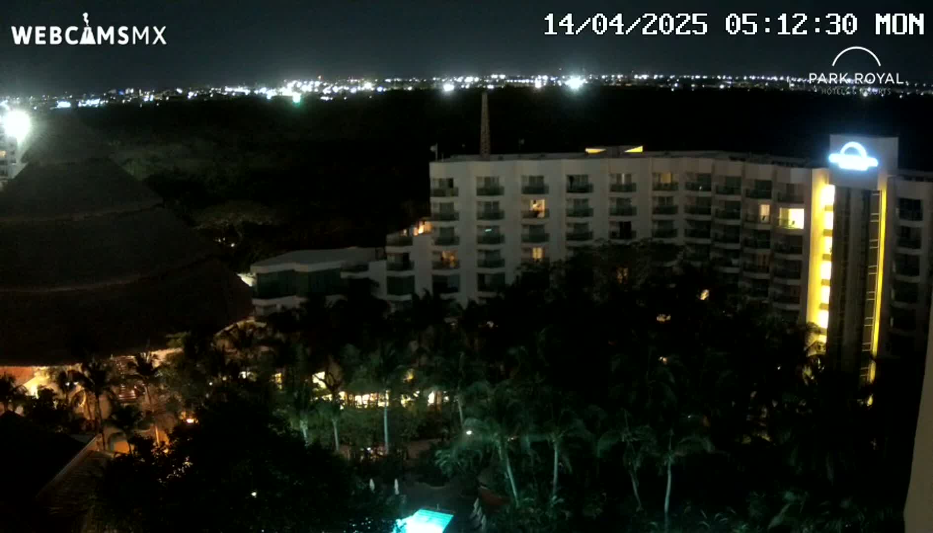 A large, multi-story hotel is illuminated at night, surrounded by lush, dark vegetation and a swimming pool, with city lights visible in the distance under a clear night sky.