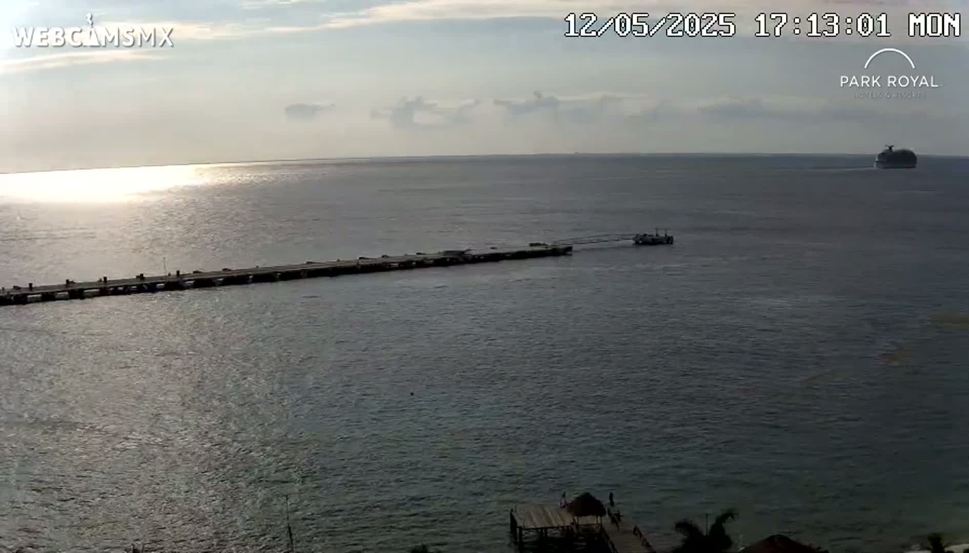 A long pier extends into a calm ocean under a partly cloudy sky, with a large cruise ship visible in the distance.
